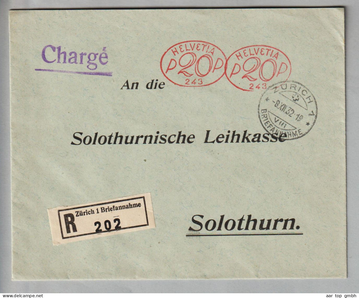 CH Firmenfreistempel #243 2x20Rp. Auf R-Brief Zürich 1932-12-09 - Frankiermaschinen (FraMA)