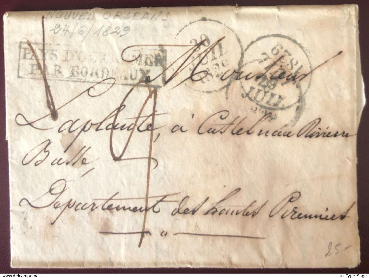 France, Griffe PAYS D'OUTREMER PAR BORDEAUX Sur Lettre De La Nouvelle Orléans (USA) 24.6.1829 Pour Le France - (C132) - Maritime Post