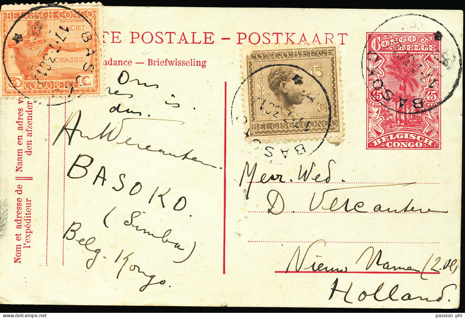 BELGIAN CONGO  PS SBEP 65 USED FROM BASOKO 17.07.30 TO NETHERLANDS - Stamped Stationery
