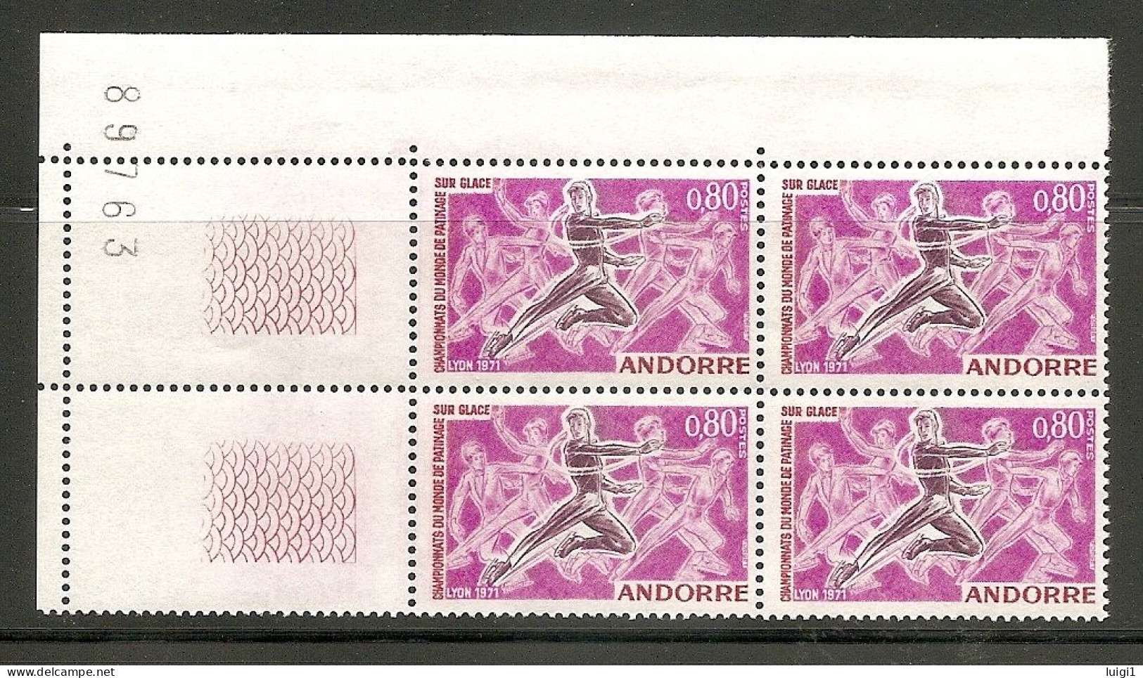 ANDORRE 1971 - Y&T N° 209 - 0,80 F Lilas Rose Violet - En Bloc De 4 Neuf , Bord Bas Gauche De Feuille Numérotée. TB. - Nuovi