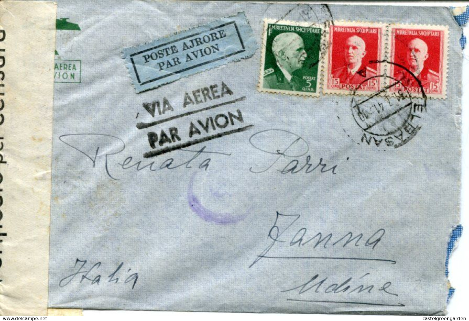 X0404 Albania,circuled Censured Cover 1941 From Elbasan To Fanna (UD) (see 2 Scan) - Albanie