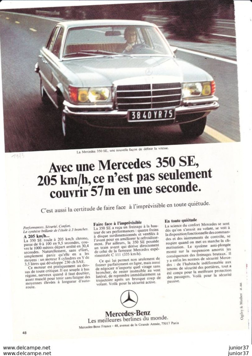 2 Feuillets De Magazine Mercedes 350 SE 1973 - Automobili