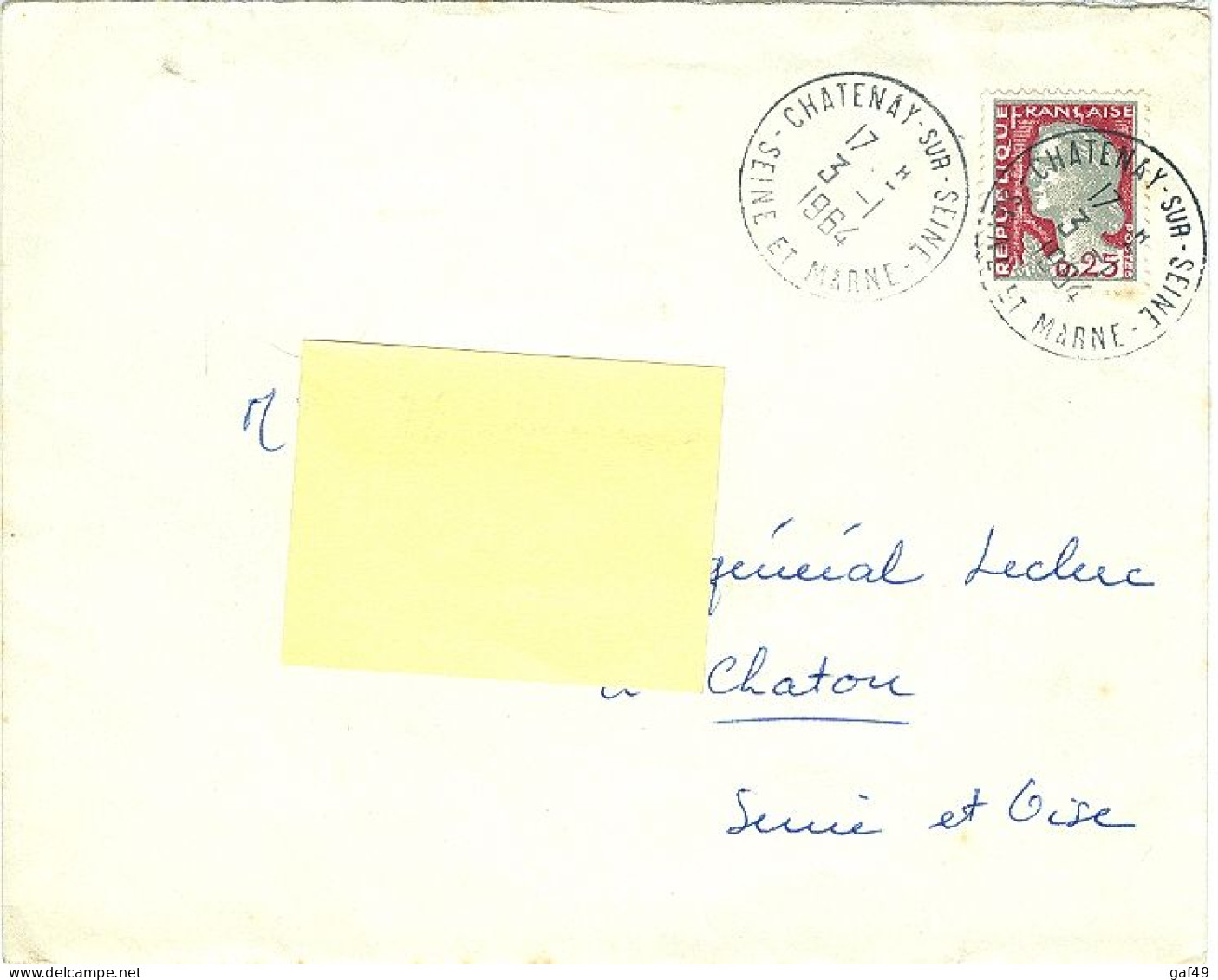 Cachet à Date Manuel Sur Lettre Chatenay Sur Seine. Seine Et Marne Du 3/01/1964 - Manual Postmarks