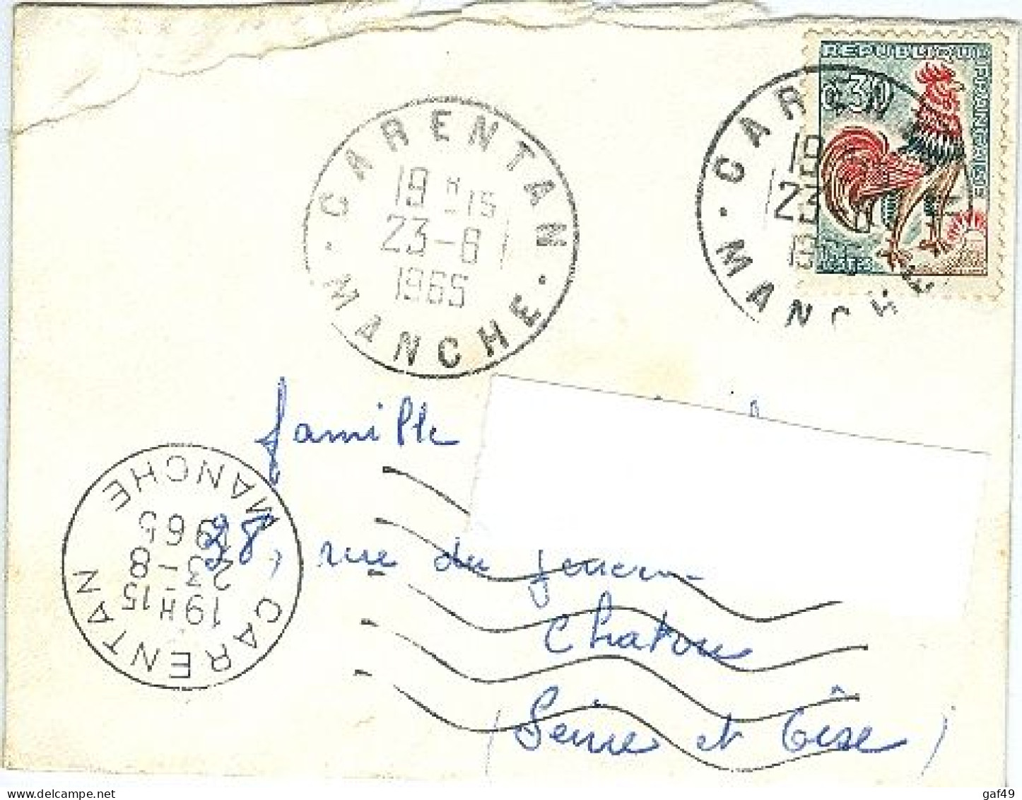 Cachet à Date Manuel Sur Lettre Carentan Manche Du 23/08/1965 - Cachets Manuels