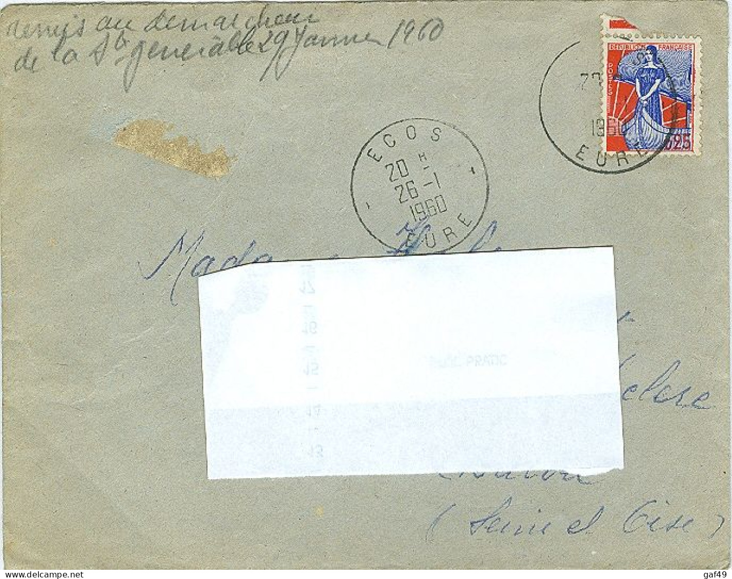 Timbre à Date Sur Lettre Oblitération ECOS Dans L'Eure Sur Marianne à La Nef Du 26 01 1960 - Manual Postmarks