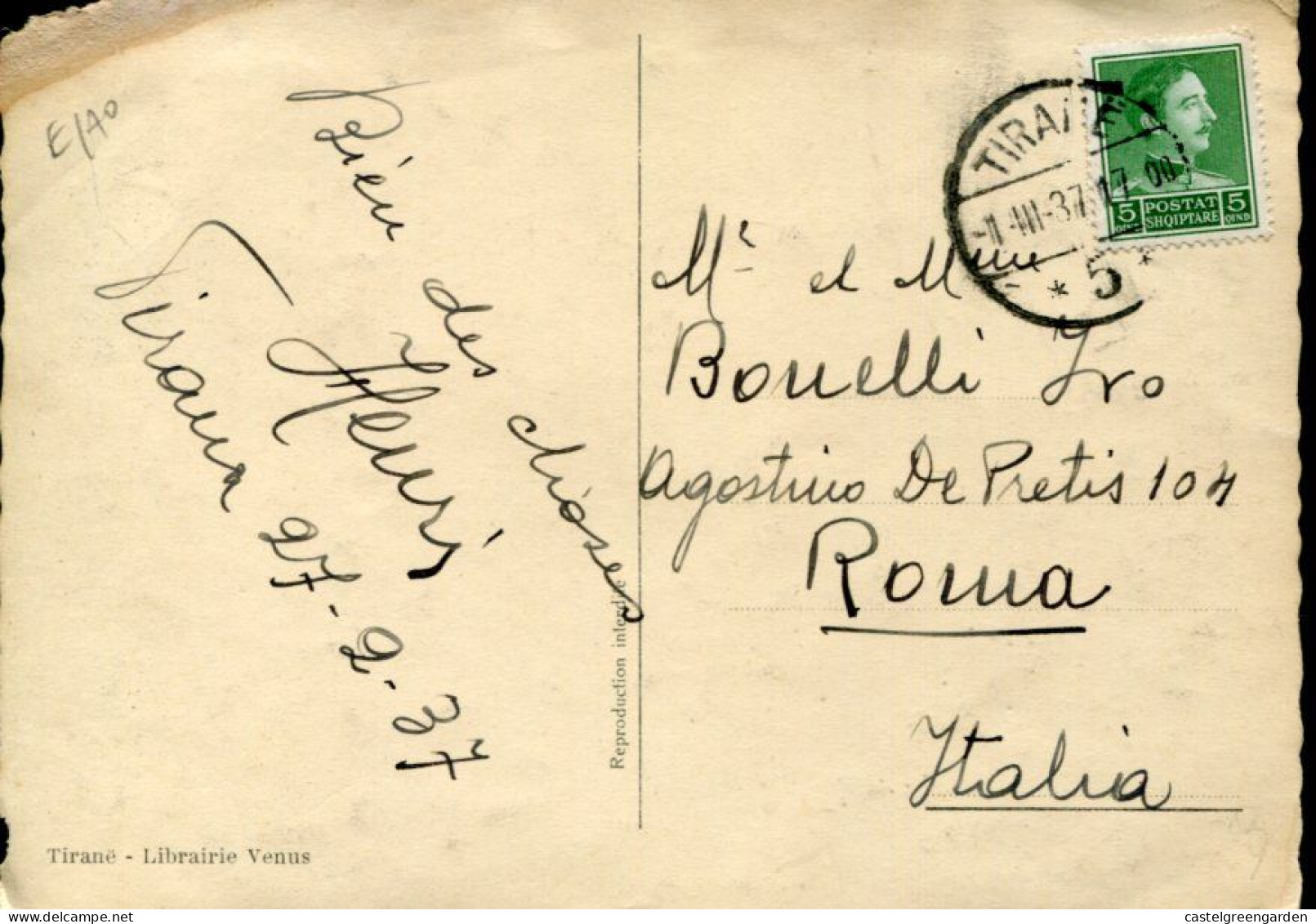 X0406 Albania,circuled Card 1937 From Tirana To Roma (some Trasnsport Damage) (see 2 Scan) - Albanië