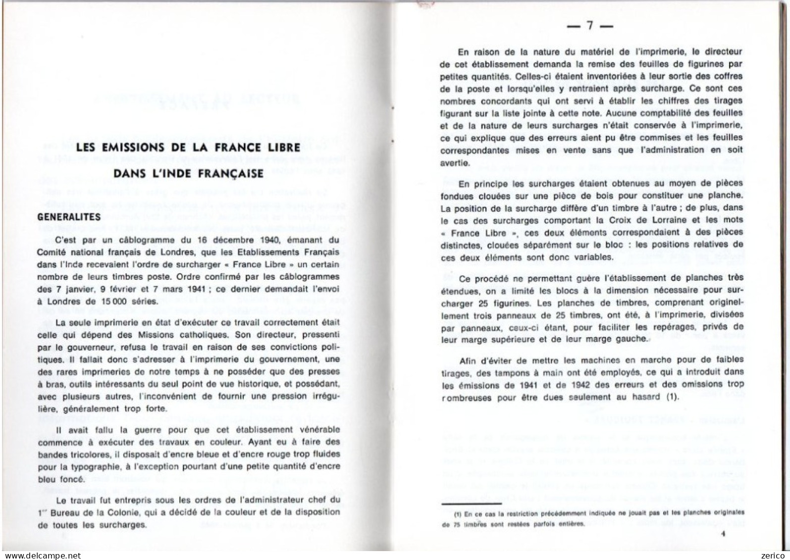 LES SURCHARGES "FRANCE LIBRE" Dans Les Ets Français En Inde 1941-45; 22 Pages; Edition 1984 - Oblitérés