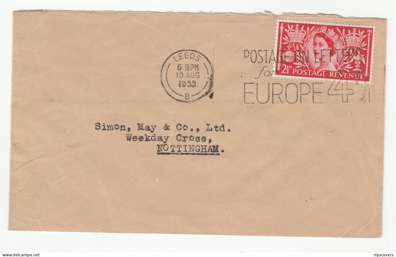 1953 GB COVER Coronation Stamps LEEDS SLOGAN Pmk ' POSTAGE ON LETTERS FOR EUROPE 4d ' - Storia Postale
