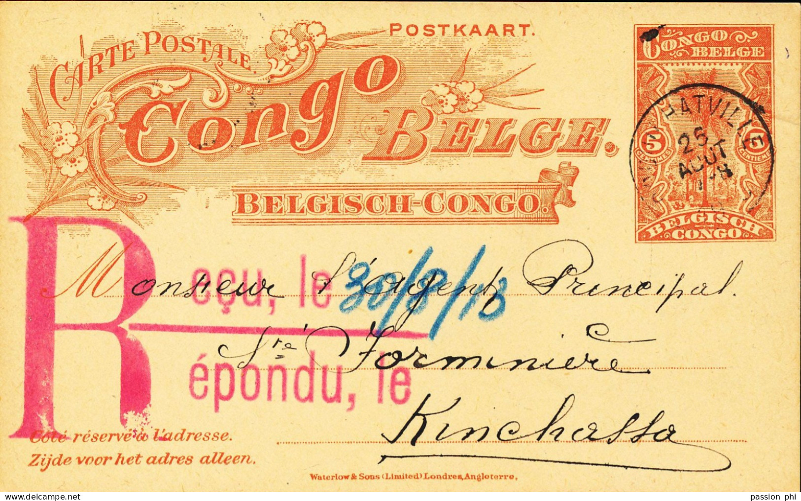 BELGIAN CONGO  PS SBEP 36 USED FROM COQUILHATVILLE  25.08.1913 TO KINSHASA - Enteros Postales