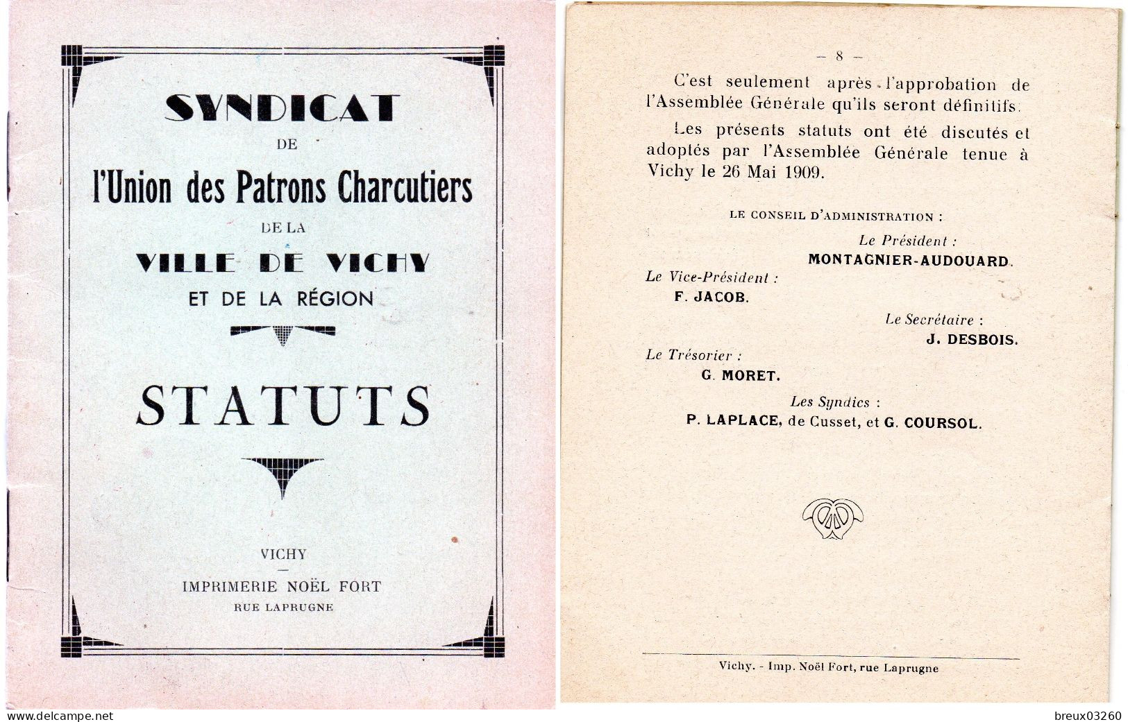 Document- " Syndicat De L'Union Des Patrons Charcutiers  De VICHY "- - 1900 – 1949
