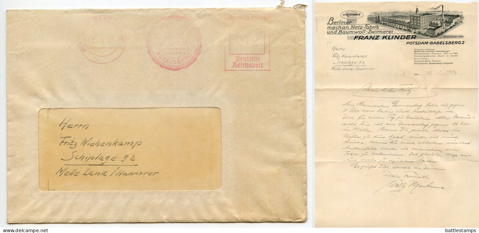Germany 1940 Cover & Letter; Potsdam-Babelsberg - Franz Klinder To Schiplage; 12pf. Meter With Company Slogan - Machines à Affranchir (EMA)