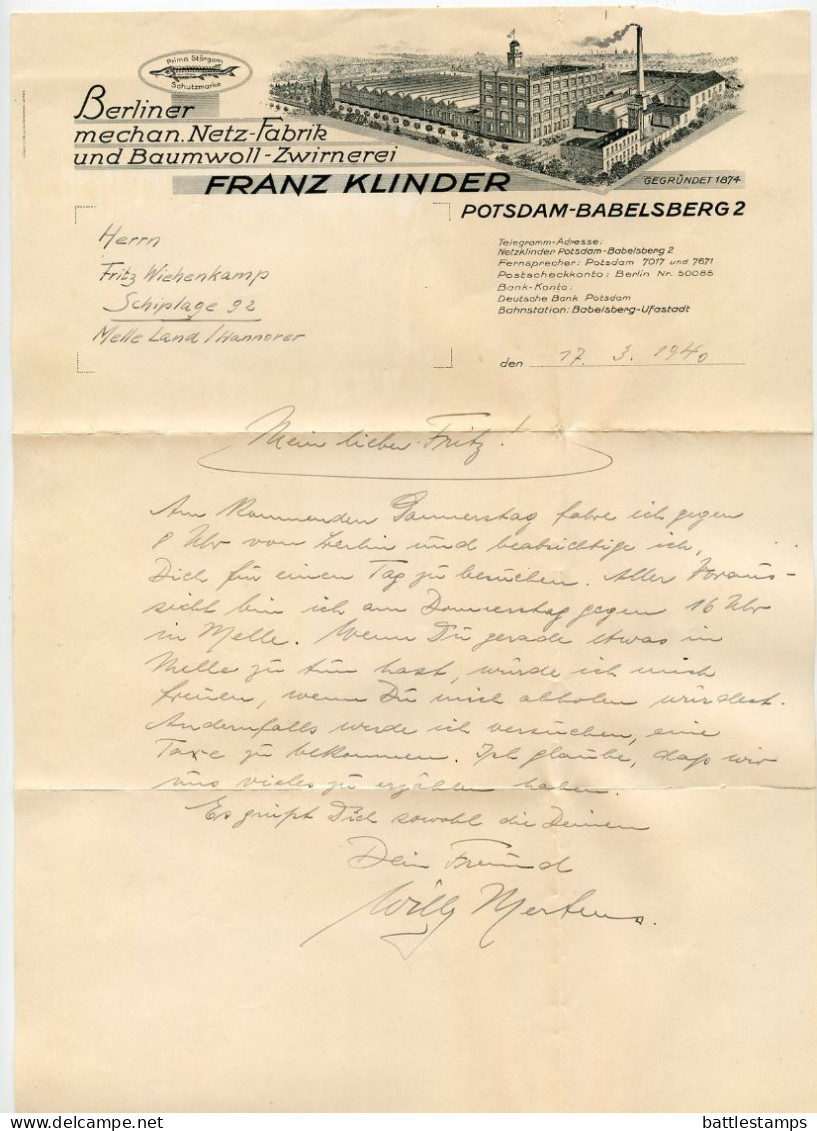 Germany 1940 Cover & Letter; Potsdam-Babelsberg - Franz Klinder To Schiplage; 12pf. Meter With Company Slogan - Franking Machines (EMA)