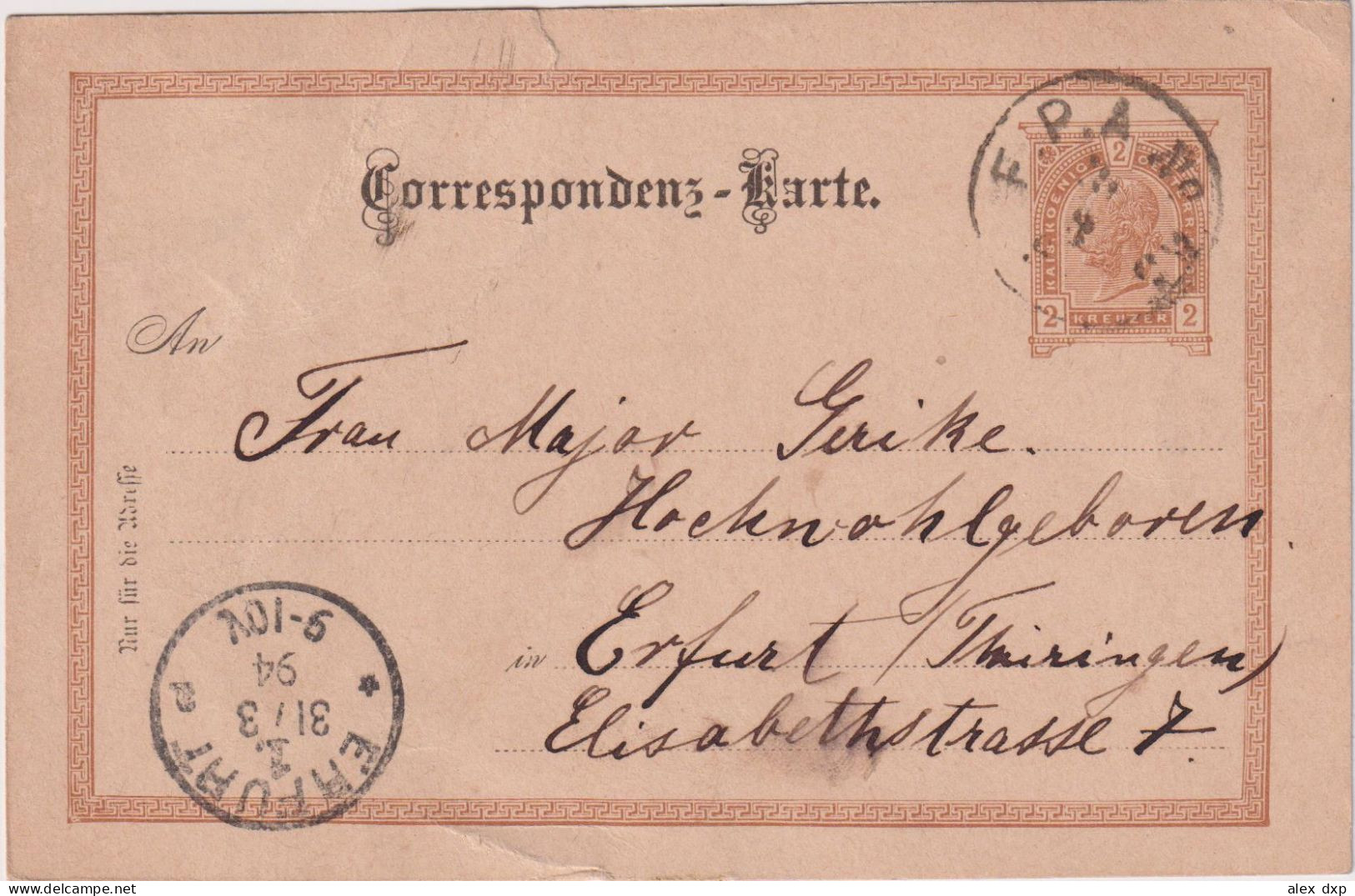 AUSTRO-HUNGARIAN EMPIRE > 1894 POSTAL HISTORY > Stationary Card From F.P.A. To Erfurt, Germany - Storia Postale