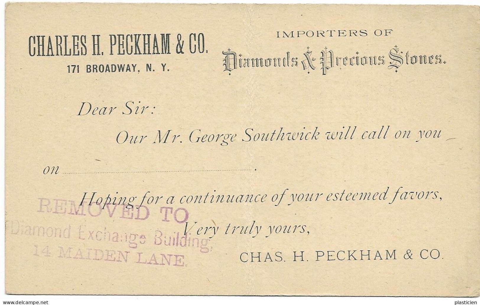 PRECURSEUR  REPRESENTANT EN DIAMANTS CHARLES H. PECKHAM & CO IMPORTERS OF DIAMONDS & PRECIOUS STONES - Broadway