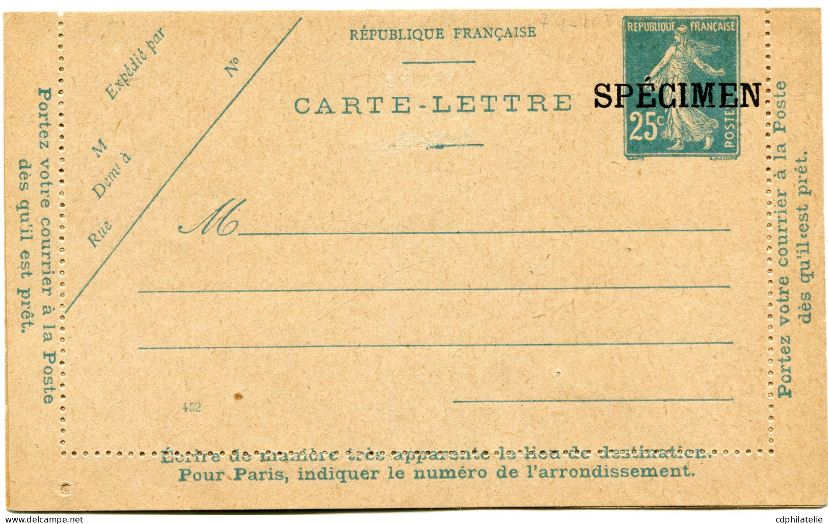 FRANCE ENTIER POSTAL NEUF DU N°140 25c SEMEUSE SURCHARGE SPECIMEN - Cartoline-lettere