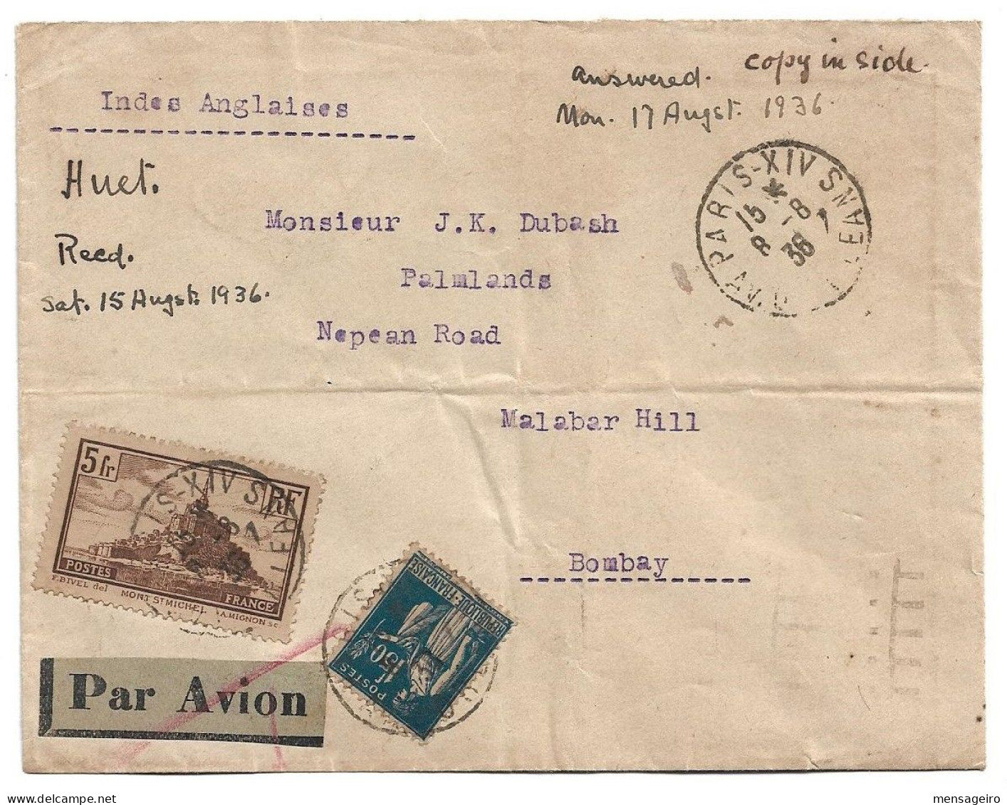 (C14) Y&T N°S 260 + 288 - LETTRE AVION PARIS XIV AV D ORLEANS => INDE 1936 TARIF 1-10 GRS DU 01/12/1936 - Cartas & Documentos