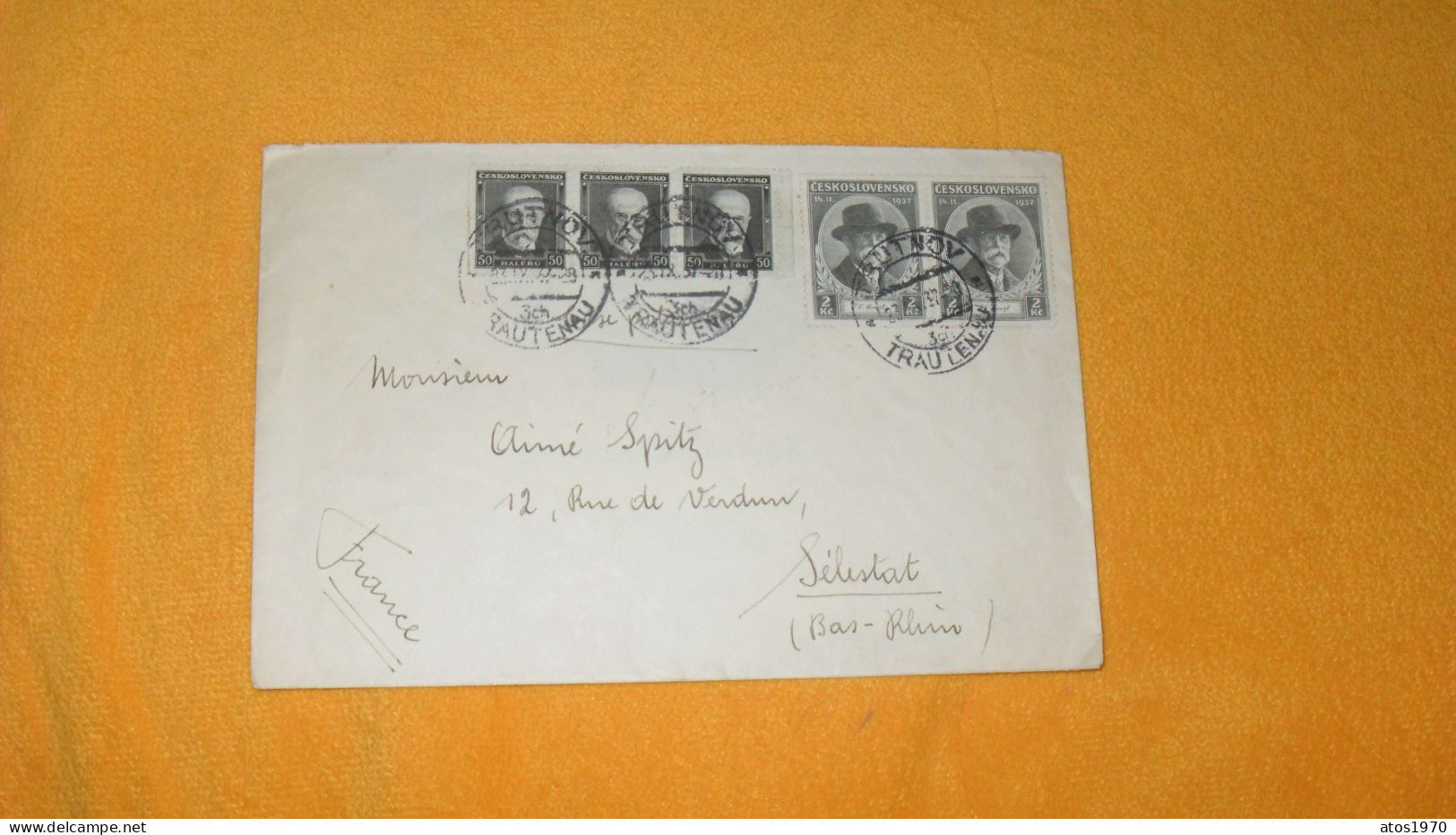 ENVELOPPE ANCIENNE DE 1937../ CACHETS TRUTNOV TRAUTENAU TCHECOSLOVAQUIE POUR SELESTAT + TIMBRES X5 - Storia Postale