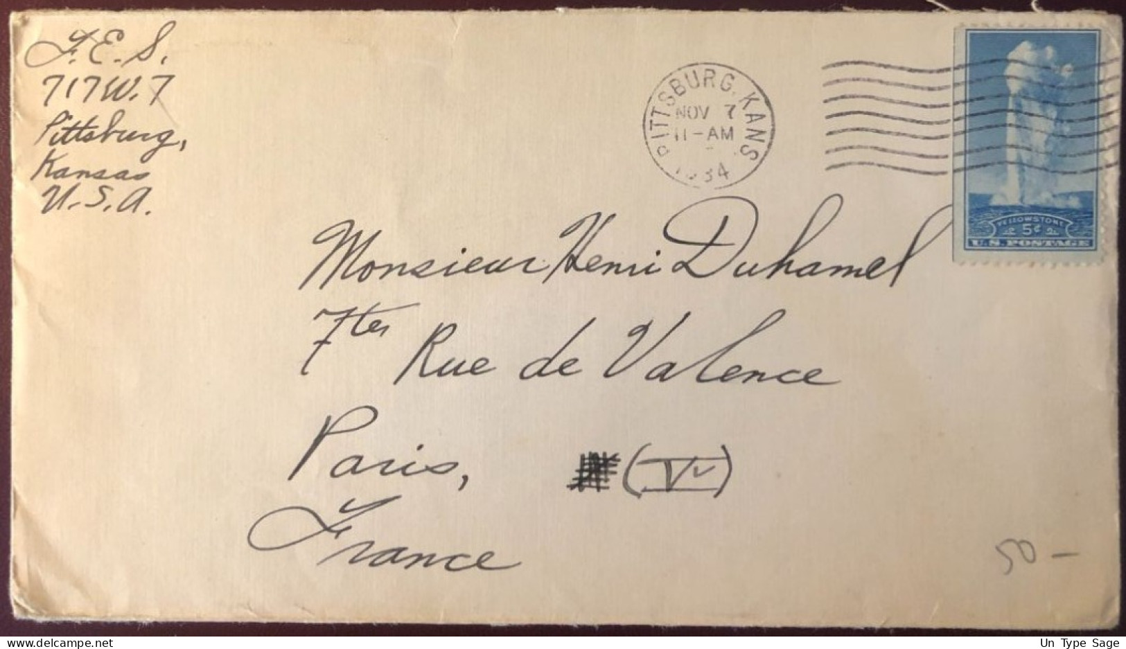 Etats-Unis, YT N°332 Sur Enveloppe De Pittsburg, Kansas 7.11.1934 Pour La France - (B2702) - Storia Postale