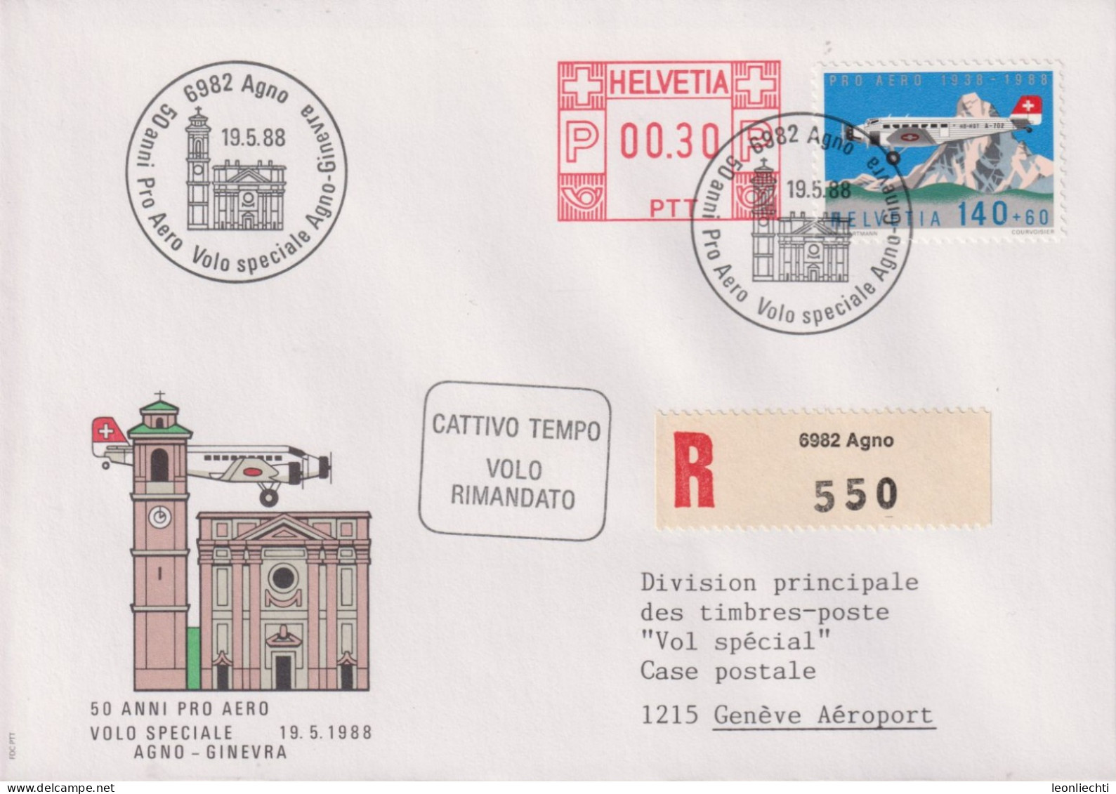 1988 R-Brief, Sonderflug Agno-Ginevra, FraMA +Zum: F49, Mi:1369, ⵙ 6982 Agno - Frankeermachinen