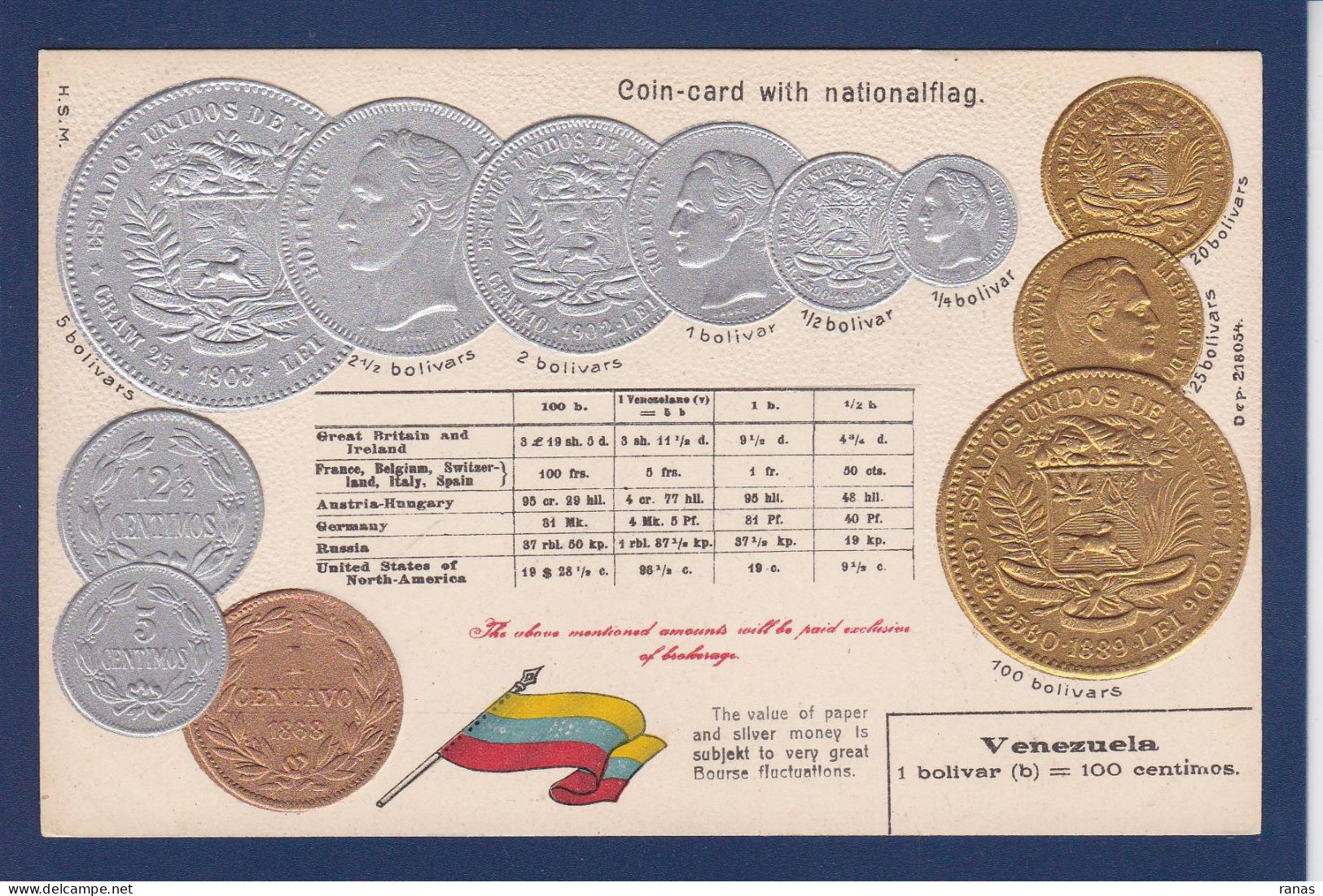 CPA Monnaie Numismatique Gaufrée Embossed Coin Non Circulée Venezuela - Monnaies (représentations)