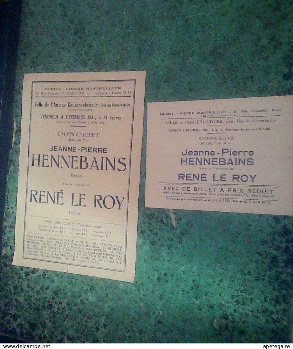 Ticket D'entrée + Invitation Concert Hennebain &  René Le Roy Année 1931 - Tickets D'entrée