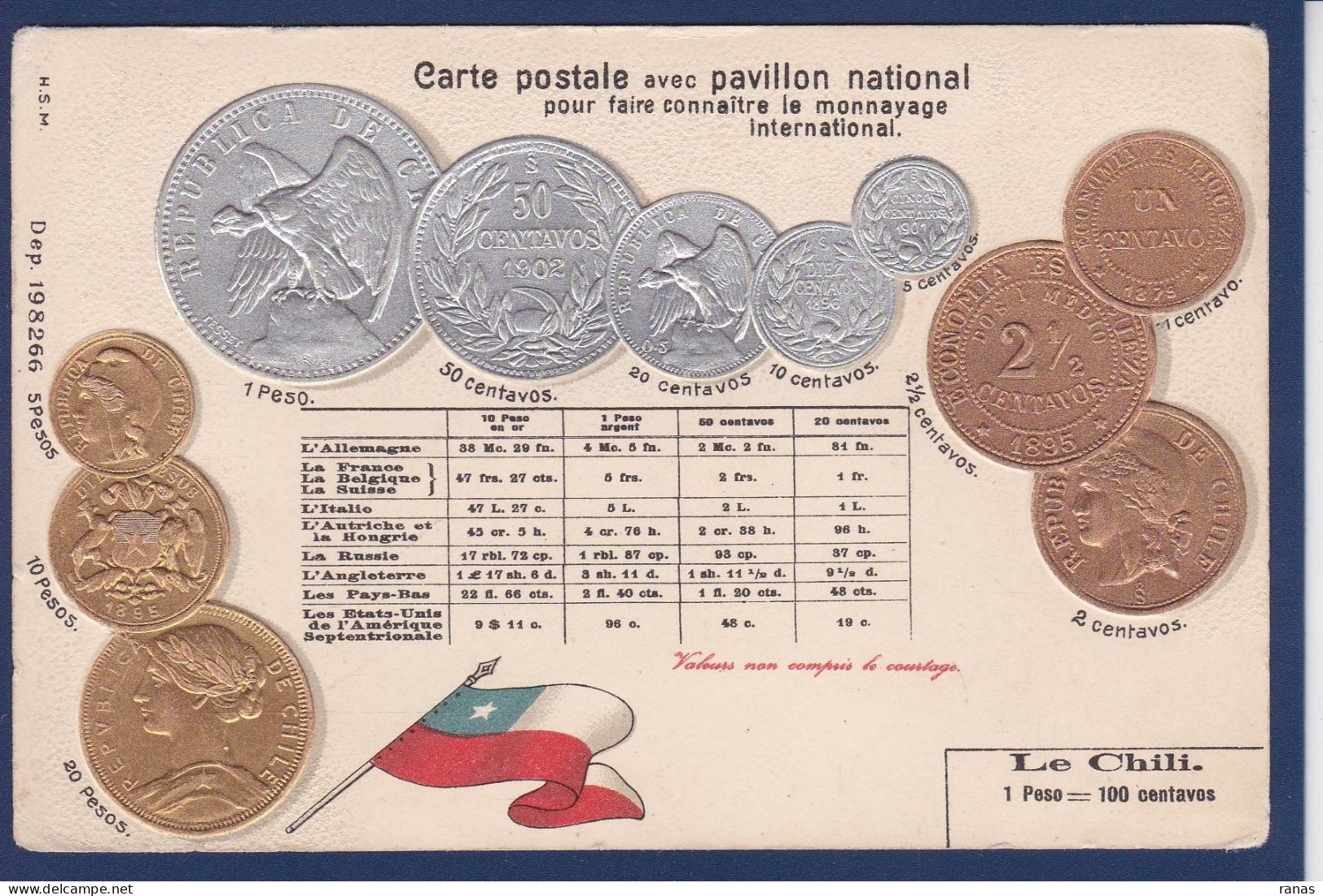 CPA Monnaie Numismatique Gaufrée Embossed Coin Non Circulée Chili - Monnaies (représentations)