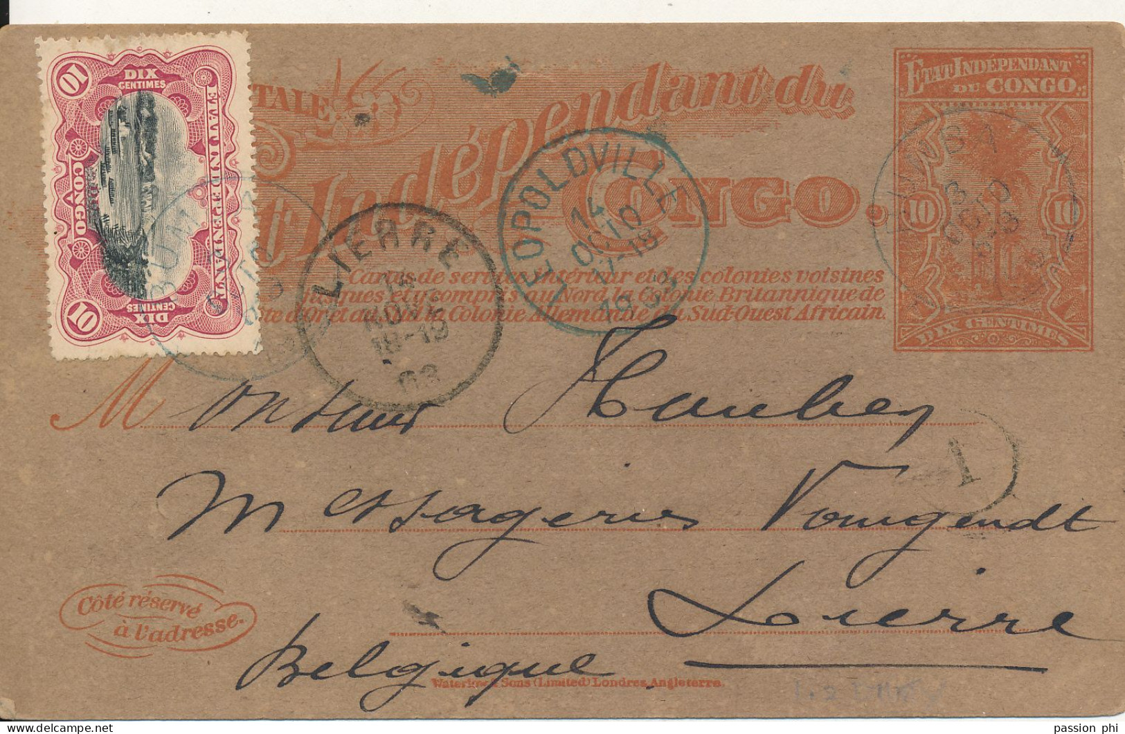 BELGIAN CONGO  PS SBEP 18b FROM BUMBA 03.10.1903 TO LIERRE - Enteros Postales