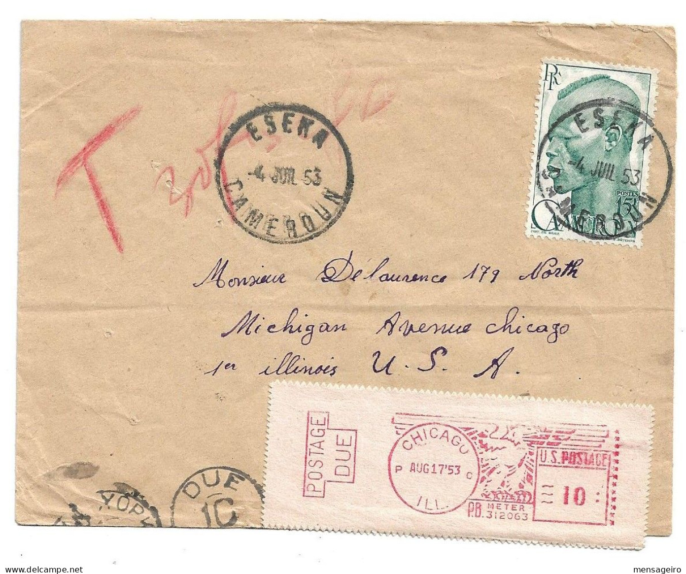 (C14) CAMEROUN Y&T N° 292 LETTRE ESEKA => USA 1953 TAXE PAR VIGNETTE - Covers & Documents