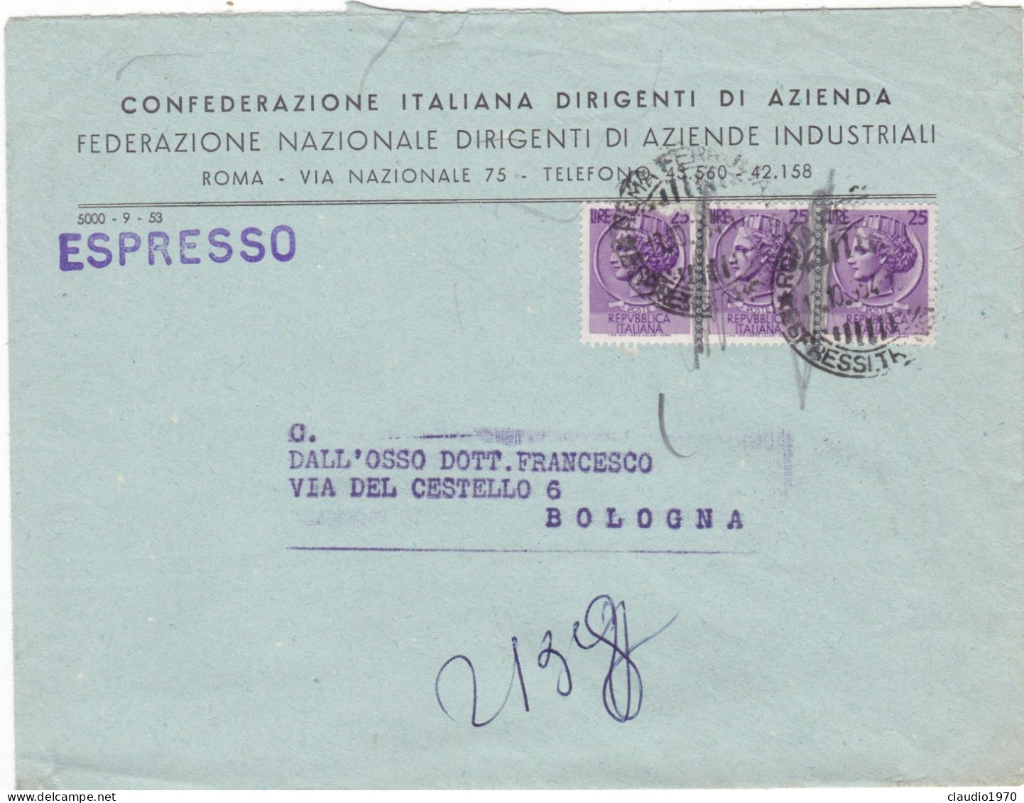 ITALIA  - REPUBBLICA - ROMA - BUSTA  - CONFEDERAZIONE ITALIANA DIRIGENTI DI AZIENDA - VG. PER BOLOGNA - 1954 - 1946-60: Storia Postale