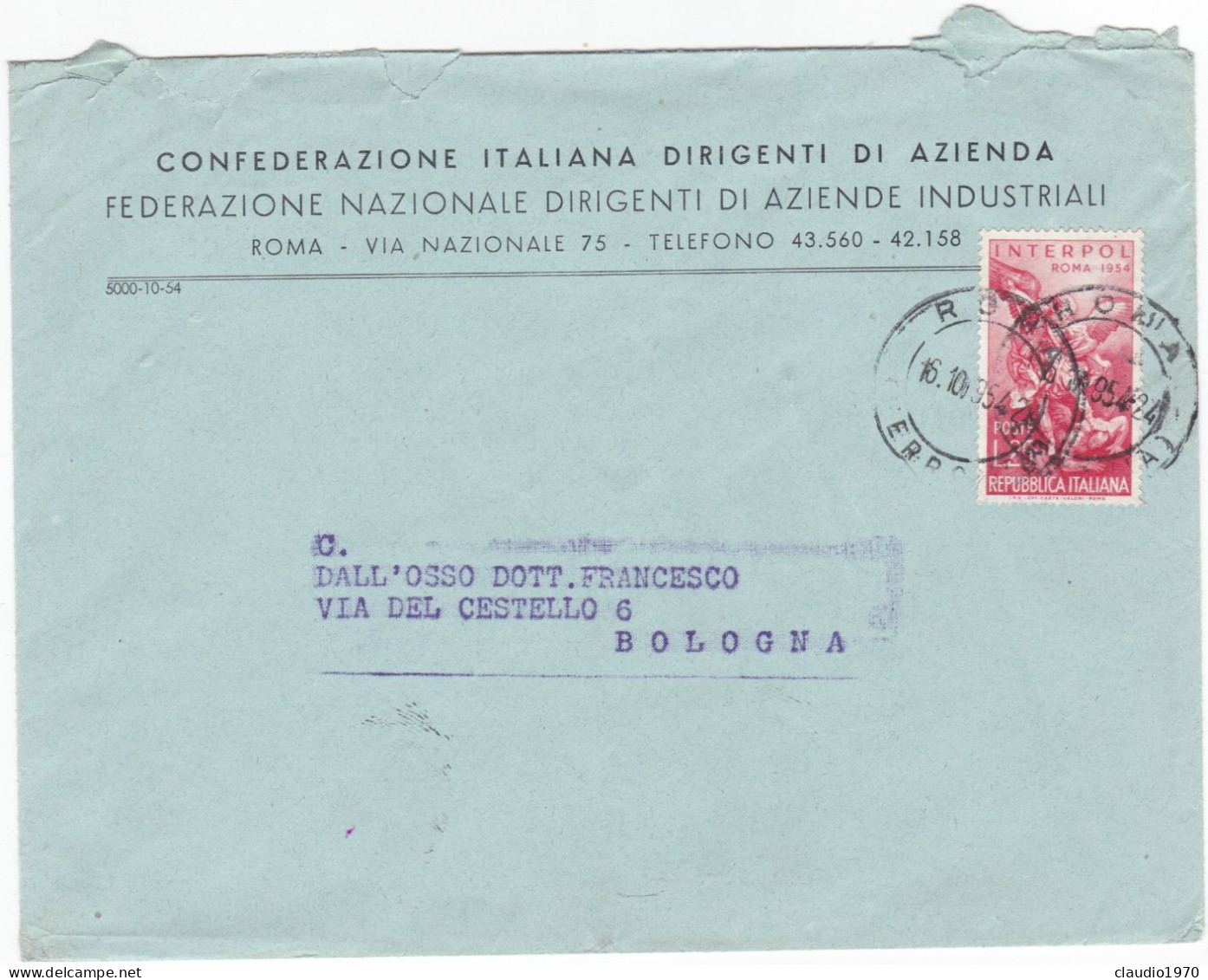 ITALIA  - REPUBBLICA - ROMA - BUSTA  - CONFEDERAZIONE ITALIANA DIRIGENTI DI AZIENDA - VG. PER BOLOGNA - 1954 - 1946-60: Storia Postale