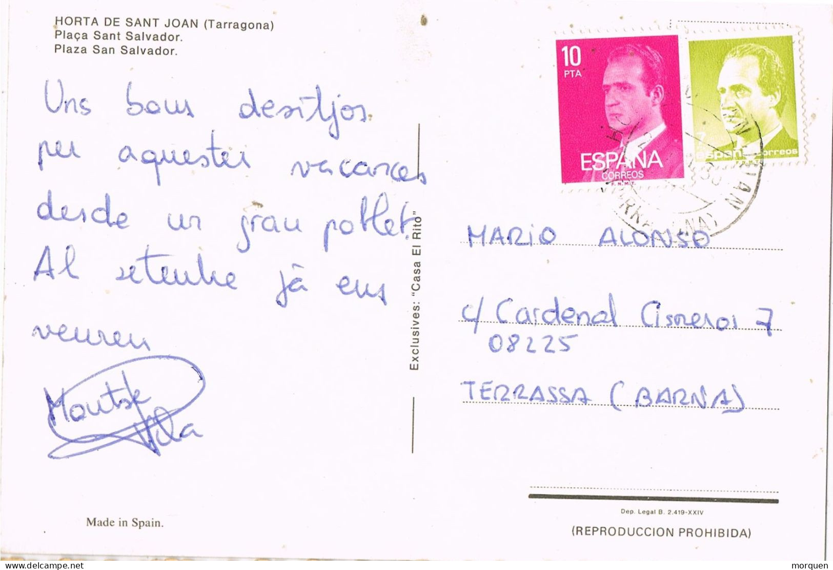 55007. Postal HORTA De SAN JUAN (Tarragona) 1986. Vista Plaza San Salvador, Horta De San Juan - Brieven En Documenten