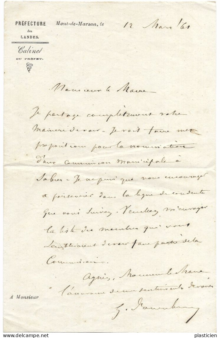 TRES BELLE LETTRE A EN TETE PREFECTURE DES LANDES MONT DE MARSAN AU MAIRE DE SABRES (40) Landes 1861 - Manuscritos