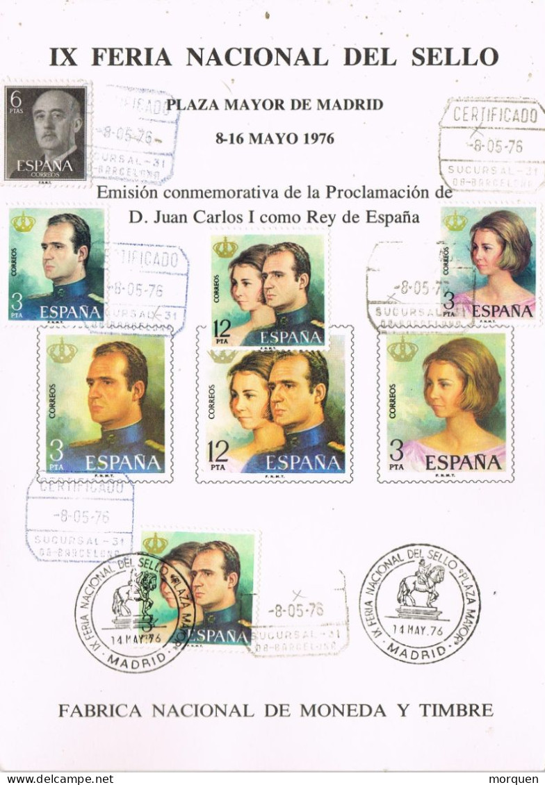 55008. Tarjeta MADRID 1976. Certificado BARCELONA. Feria Nacional Sello MADRID. Reyes De España - Storia Postale