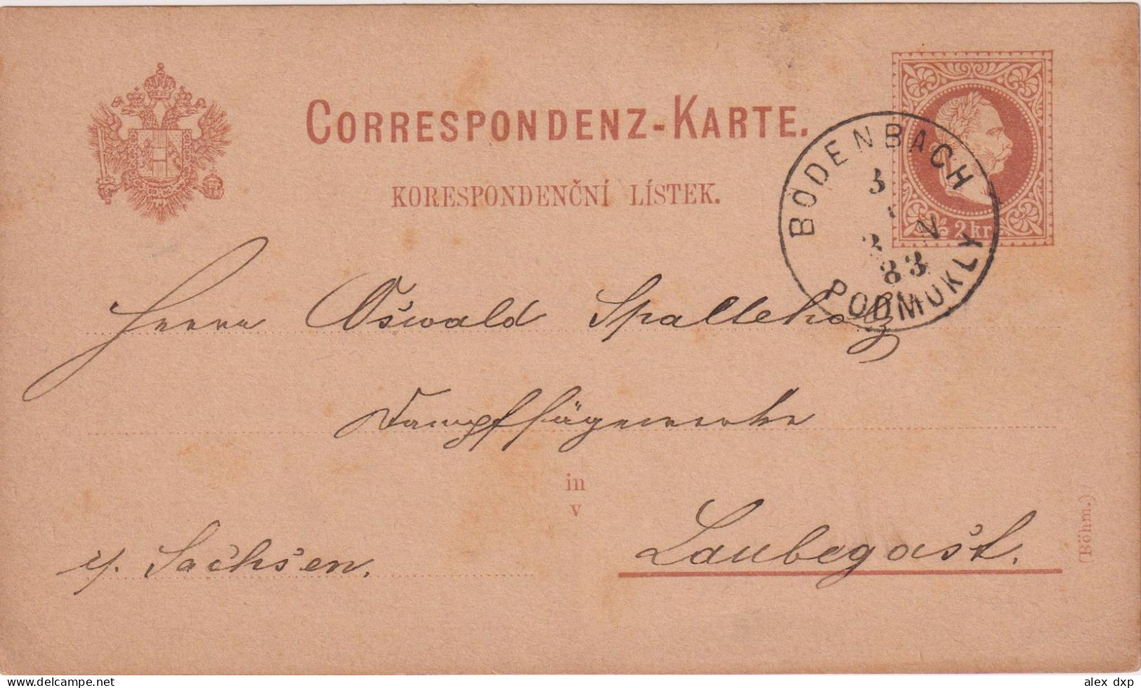 AUSTRO-HUNGARIAN EMPIRE > 1883 POSTAL HISTORY > STATIONARY CARD FROM BODENBACH TO SACHSEN - Lettres & Documents