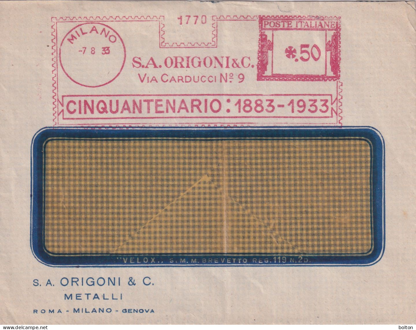 1933BUSTA  Con Affrancatura Rossa  EMA   S.A. ORIGONI &C. METALLI CINQUANTENARIO 1883 -1933 - Marcophilie