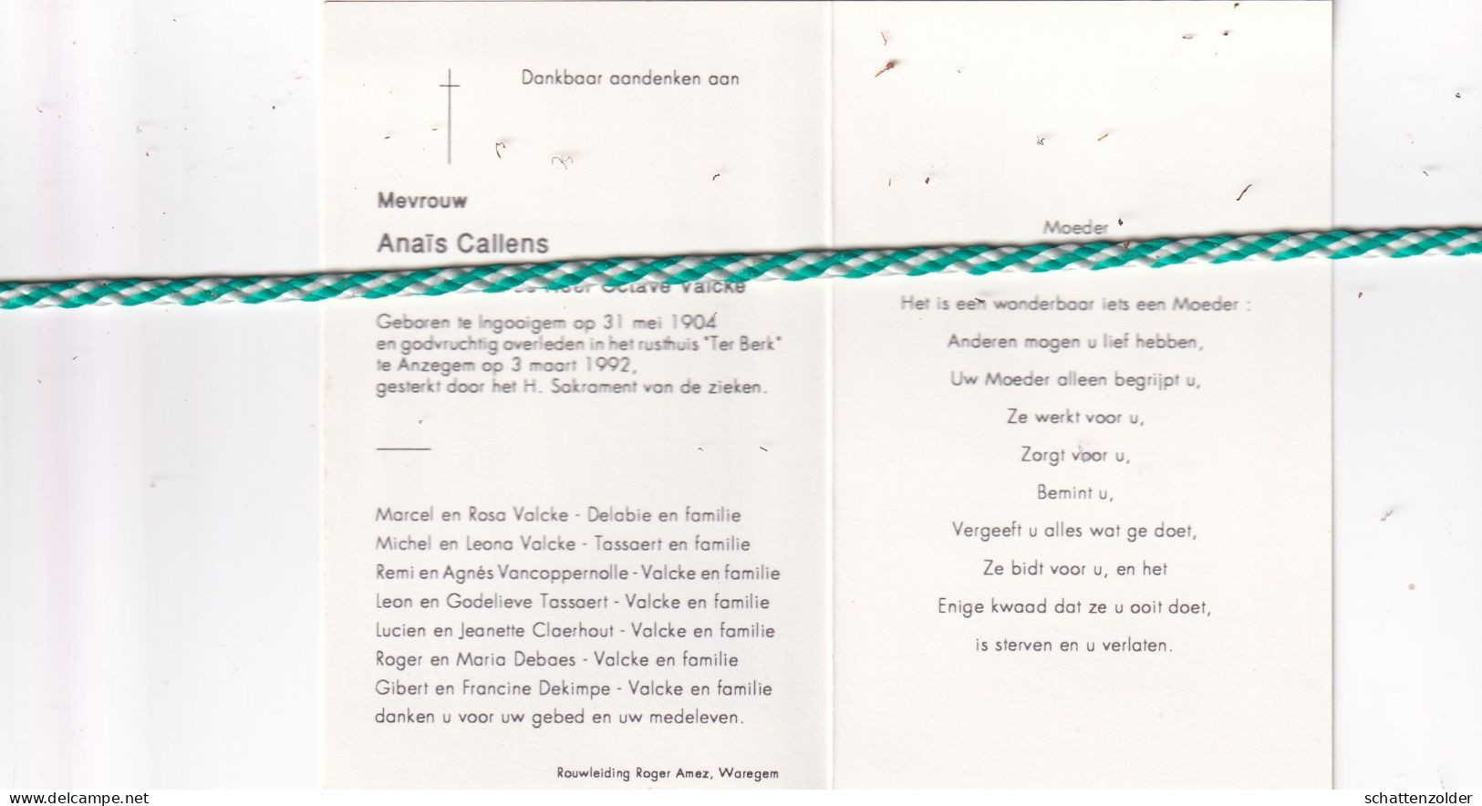 Anaïs Callens-Valcke, Ingooigem 1904, Anzegem 1992. Foto - Obituary Notices