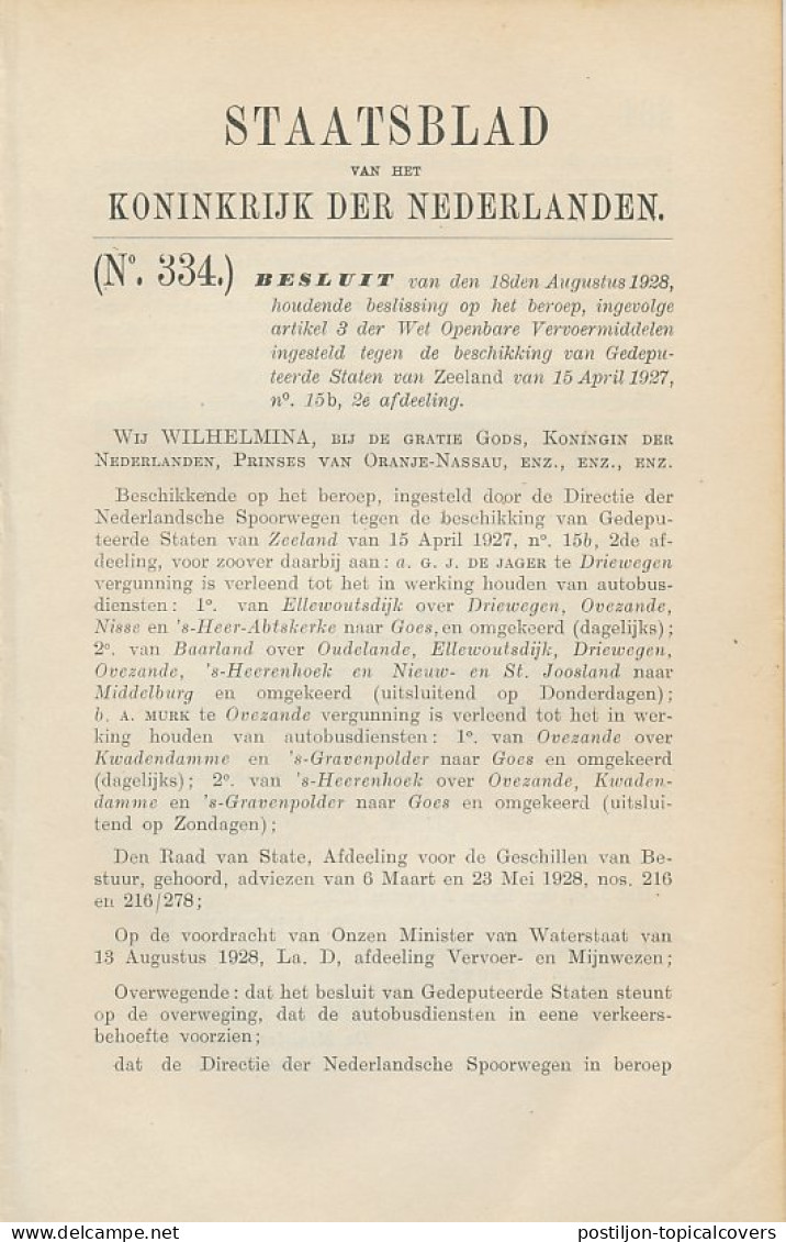 Staatsblad 1928 : Autobusdienst Ellewoutsdijk - Goes Enz. - Historische Documenten