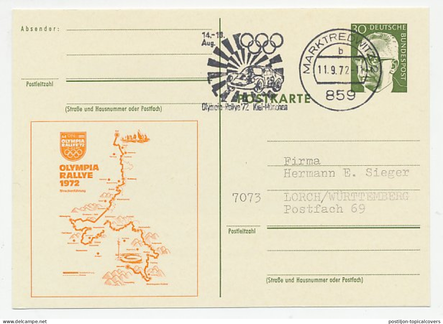 Postal Stationery / Postmark Germany 1972 Car Rally - Olympia Rallye - Renault - Autres & Non Classés