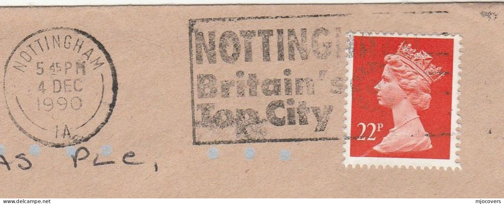 Cover NOTTINGHAM Britain's TOP CITY Slogan 1990 Gb Stamps - Brieven En Documenten