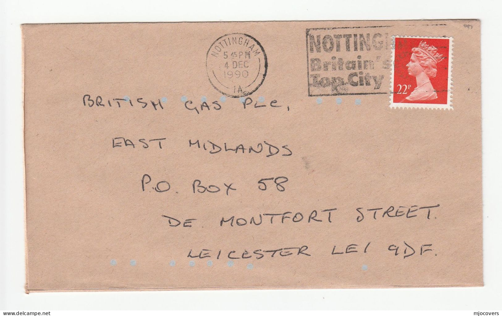 Cover NOTTINGHAM Britain's TOP CITY Slogan 1990 Gb Stamps - Brieven En Documenten
