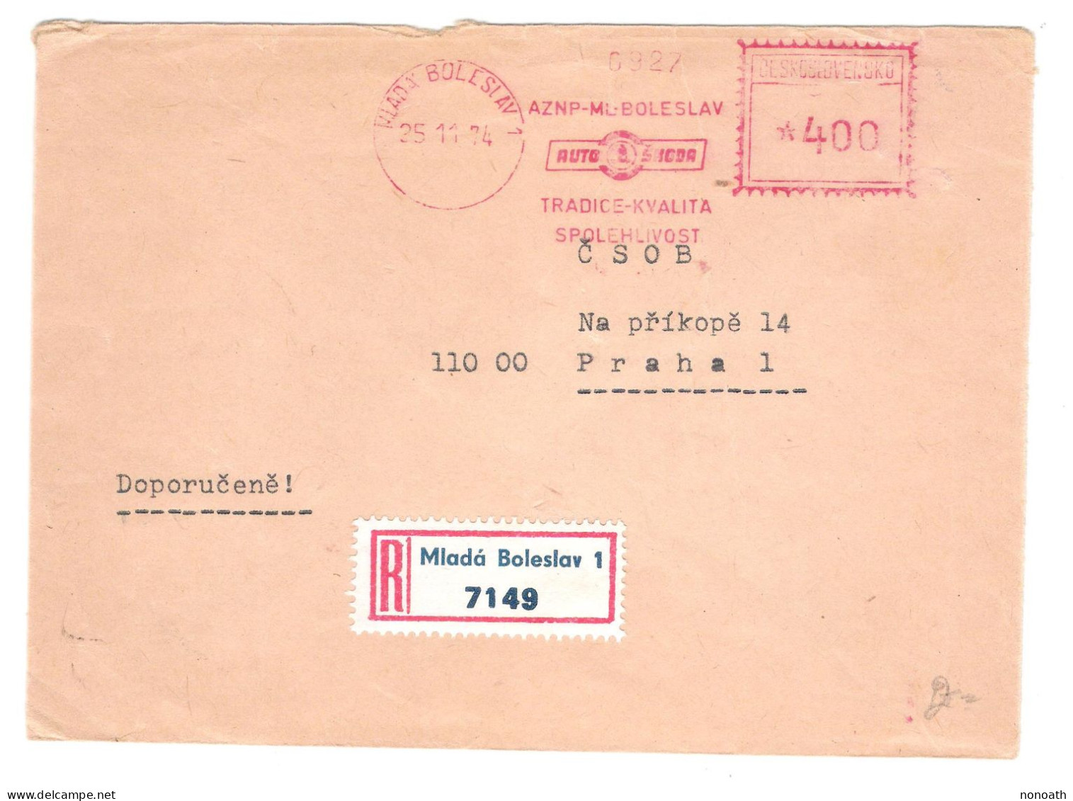 Tchécoslovaquie - Recommandé 7149 De Mlada Boleslav 1 Pour Prague - Covers & Documents
