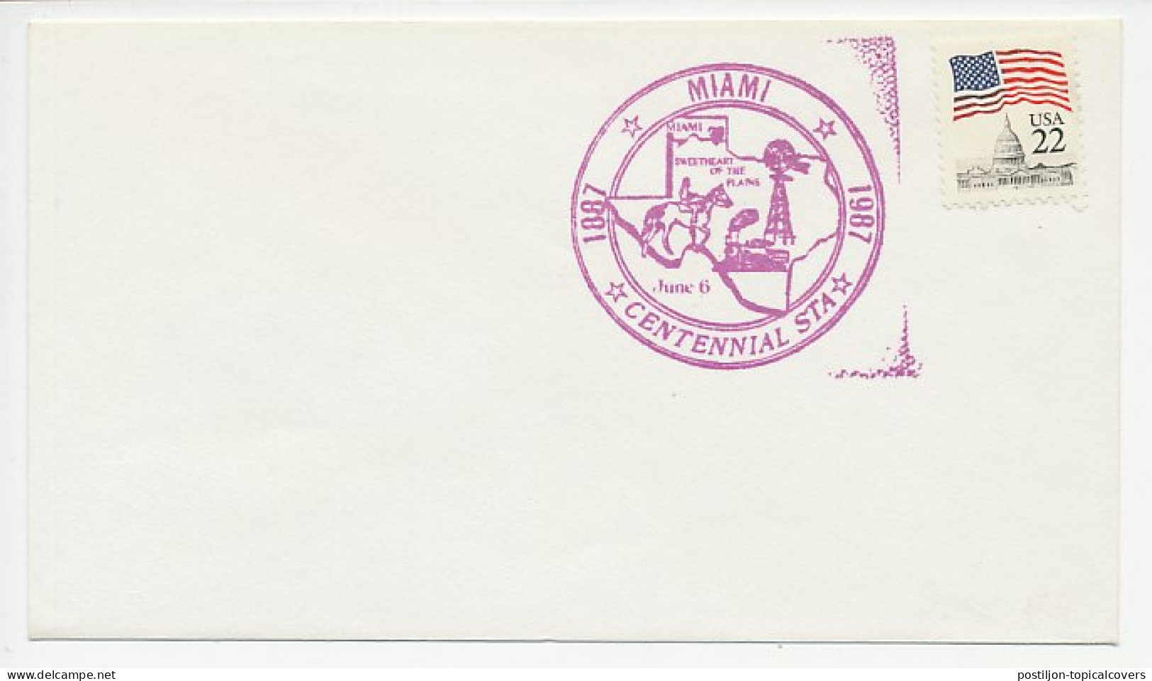 Cover / Postmark USA 1987 Steamtrain - Horse - Windmill - Miami - Eisenbahnen