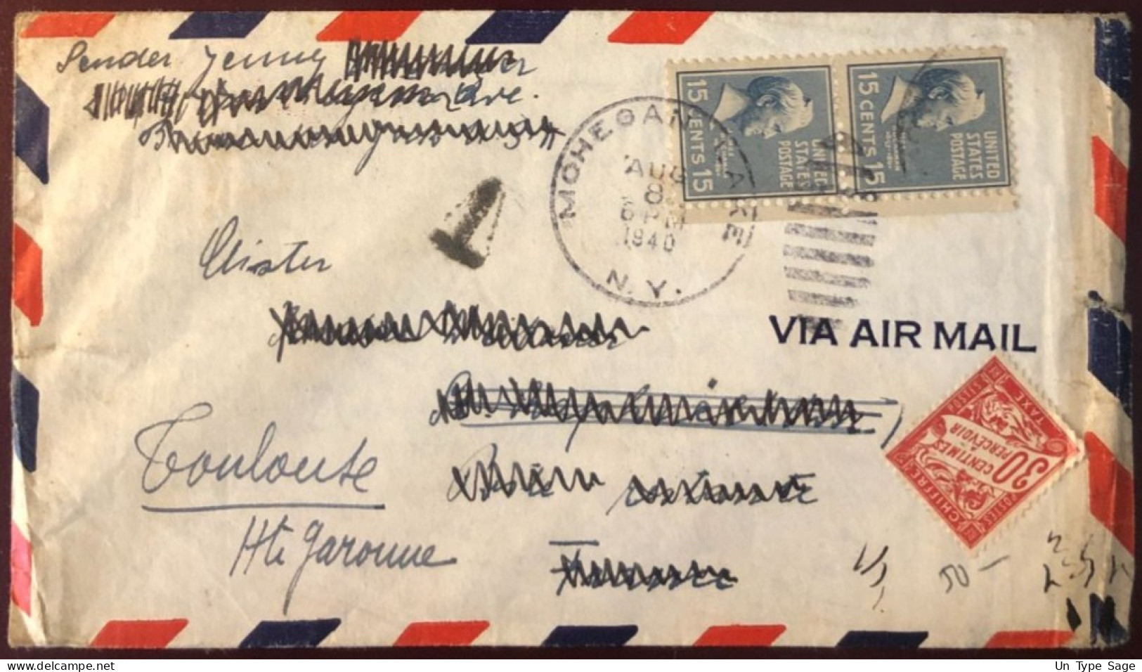 Etats-Unis, Divers Sur Enveloppe De Mohegan Lake N.Y. 8.8.1940 + Taxe Pour La France - (B2719) - Storia Postale