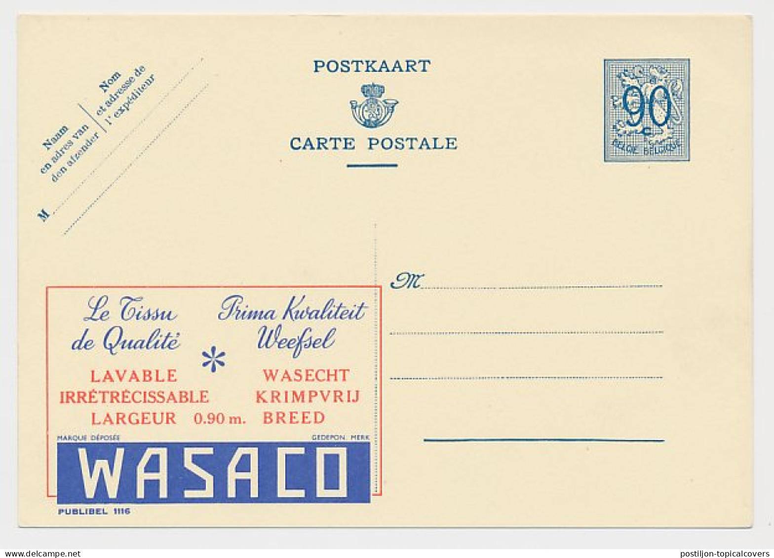 Publibel - Postal Stationery Belgium 1951 Textile - Wasaco - Tessili