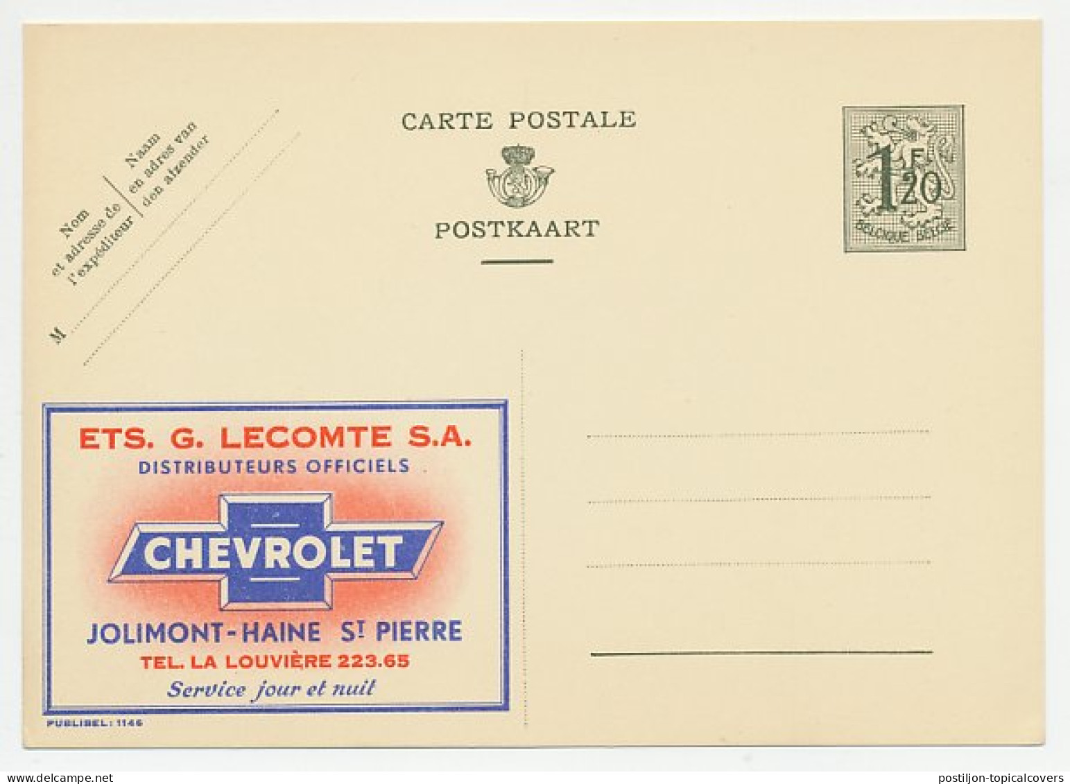 Publibel - Postal Stationery Belgium 1952 Car - Chevrolet  - Auto's