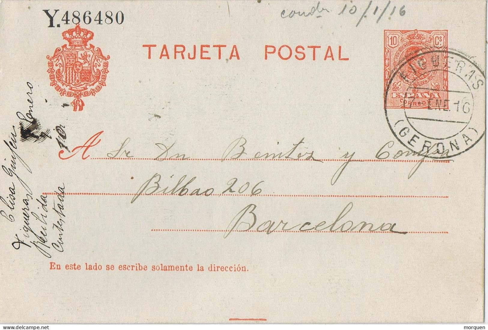 55011. Entero Postal FIGUERAS (Gerona) 1916. Alfonso XIII Medallon, Fechador LUJO - 1850-1931