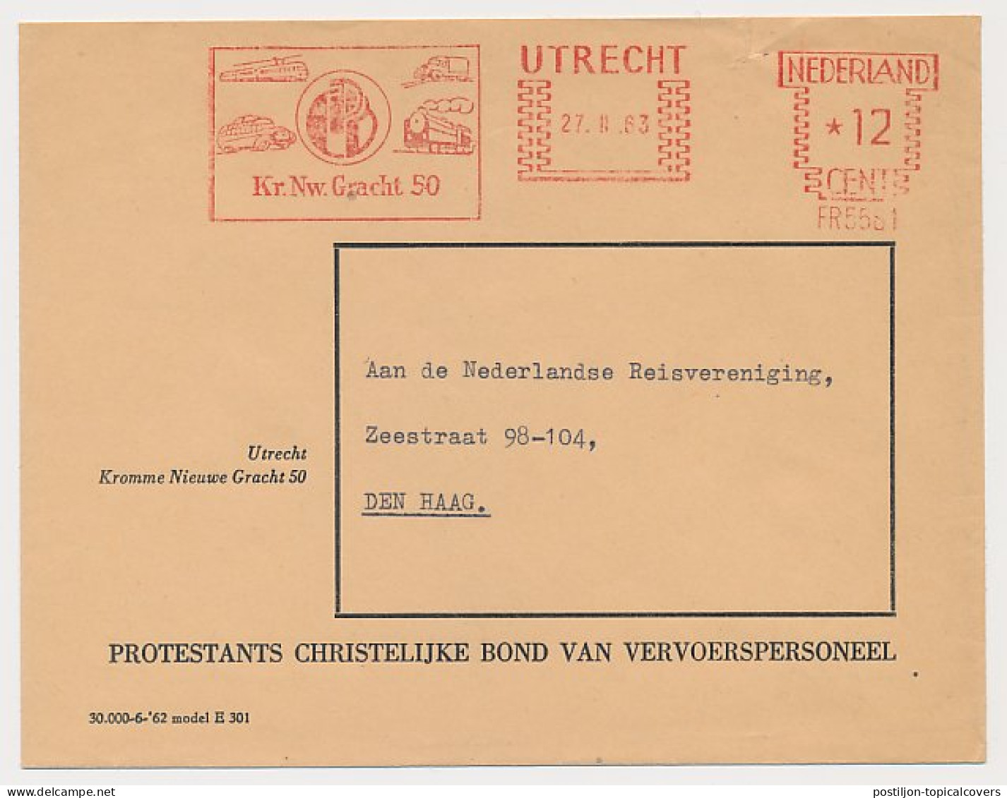 Meter Cover Netherlands 1963 Protestant Christian Union Of Transport Workers  - Trenes