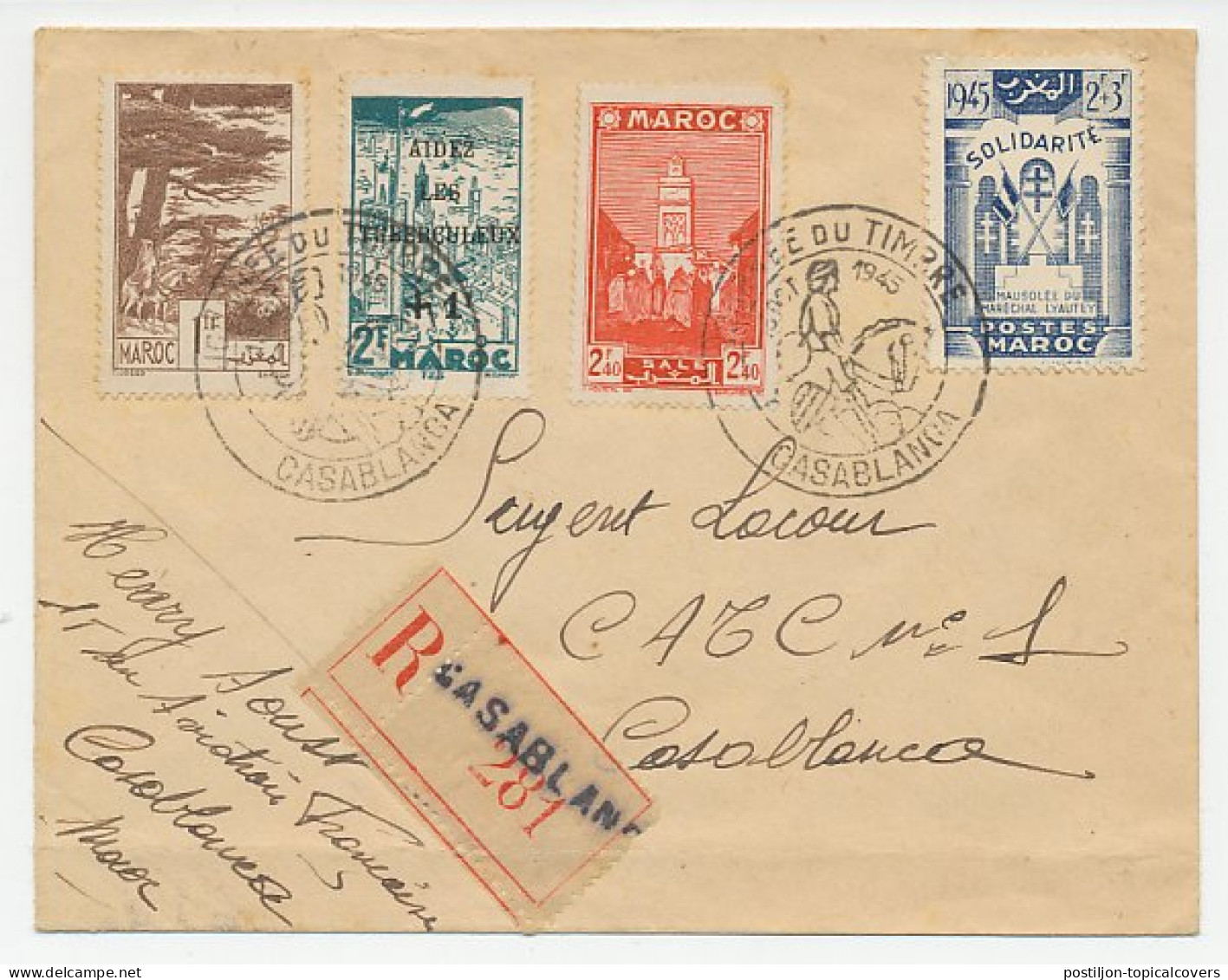 Registered Cover / Postmark Morocco 1945 Stamp Day - Cassablanca - Autres & Non Classés