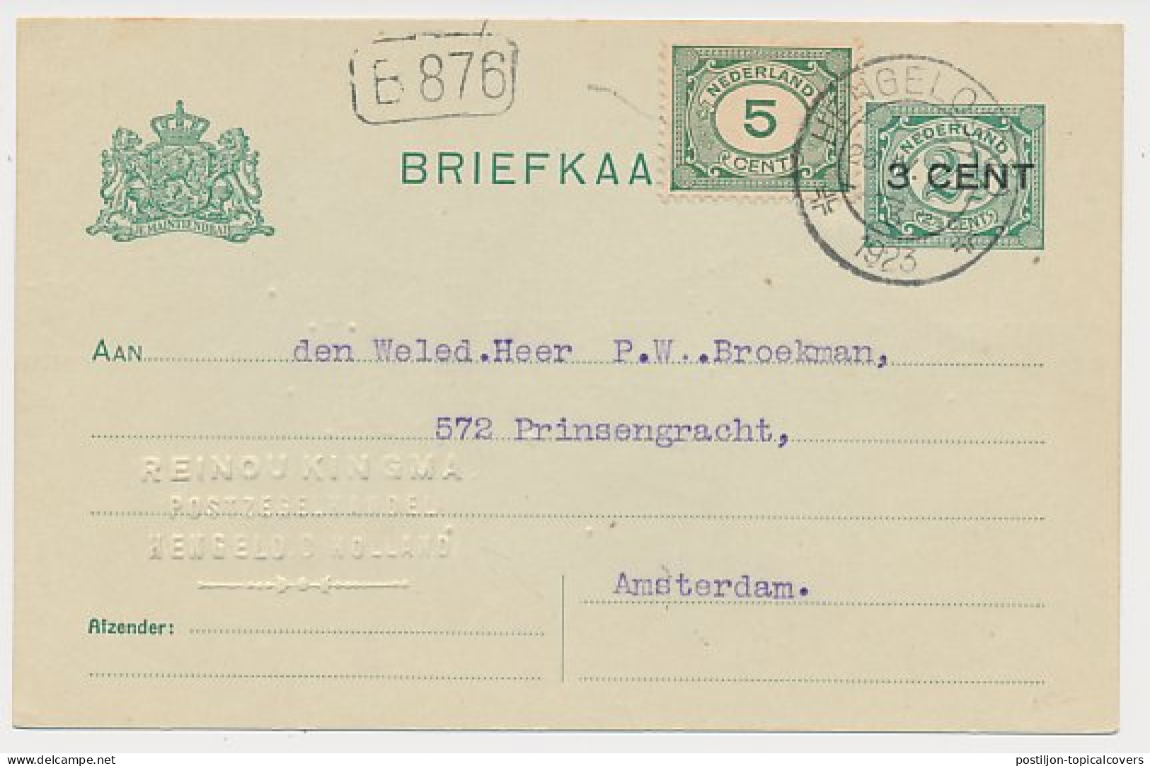 Briefkaart G. 96 A II Firma Blinddruk Hengelo 1923 - Postal Stationery