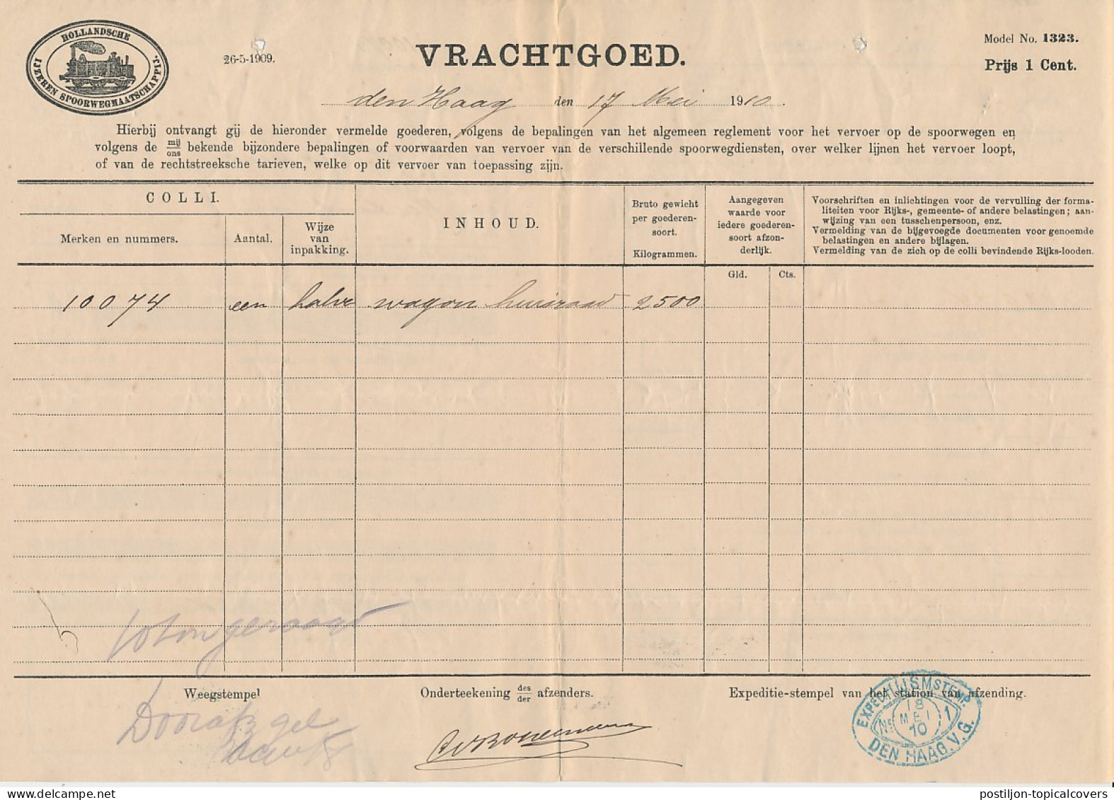 Vrachtbrief H.IJ.S.M. Den Haag - Bloemendaal 1910 - Zonder Classificatie